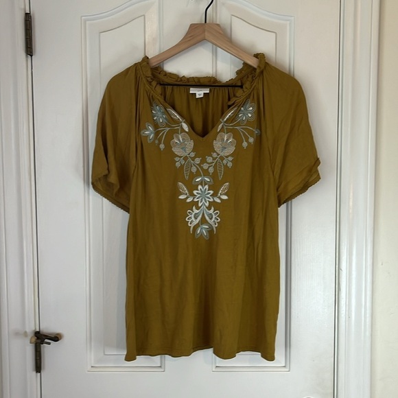 J.Jill | Floral Embroidered Flowy Yellow Gold Ruffle Collar Tee Medium Boho - Picture 4 of 10